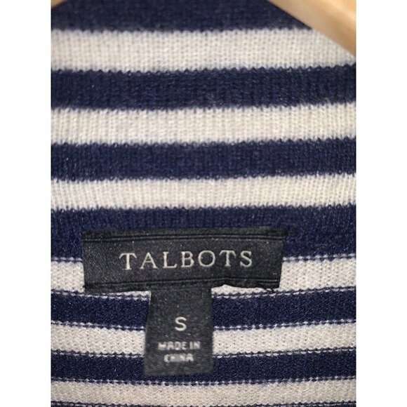 Talbots Navy Blue White Stripe Open Front Lambs Wool Nautical Cardigan Small - Picture 6 of 7